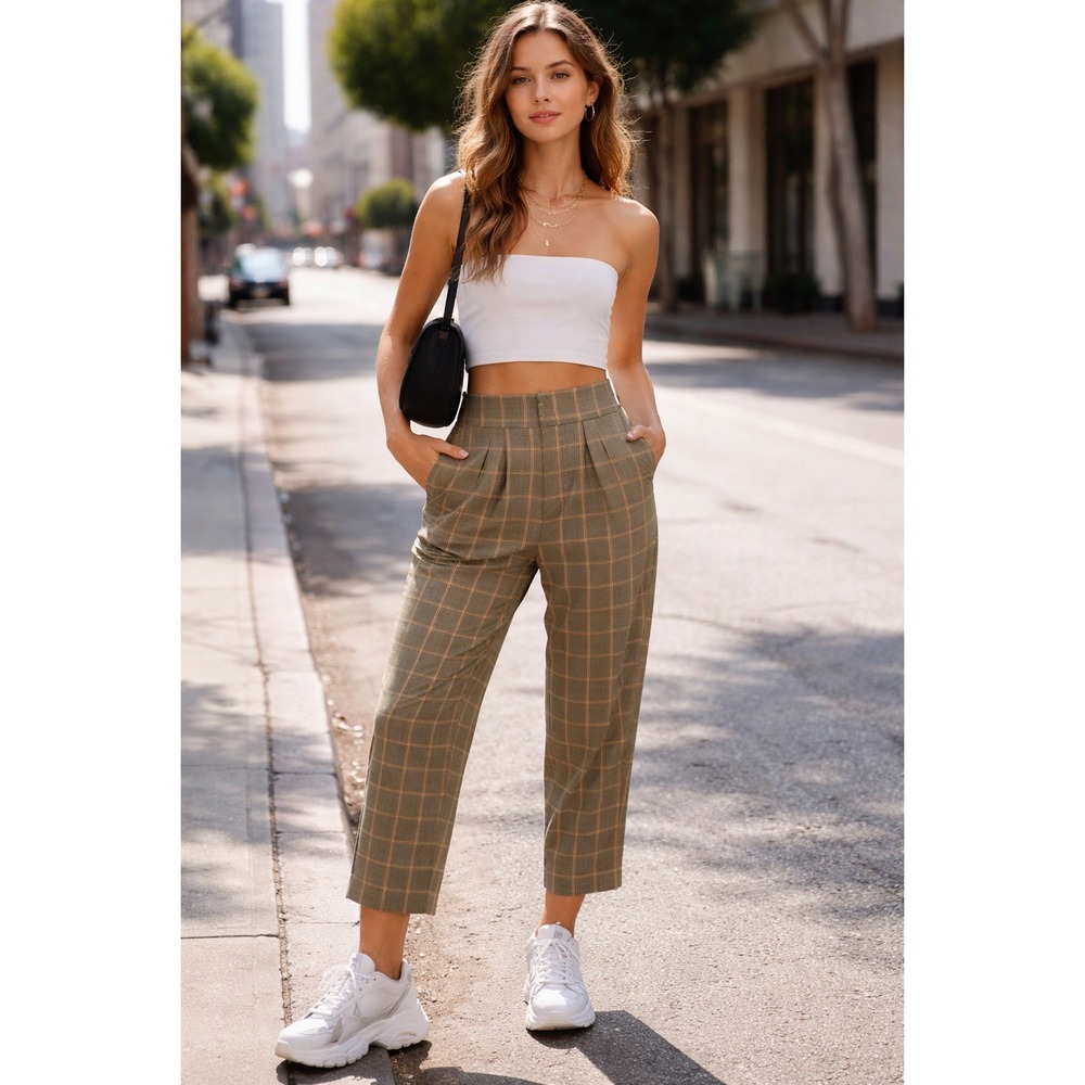 Urban Outfitters Paige Pants Size S Plaid‎ High Waist Pleated Cropped Trouser